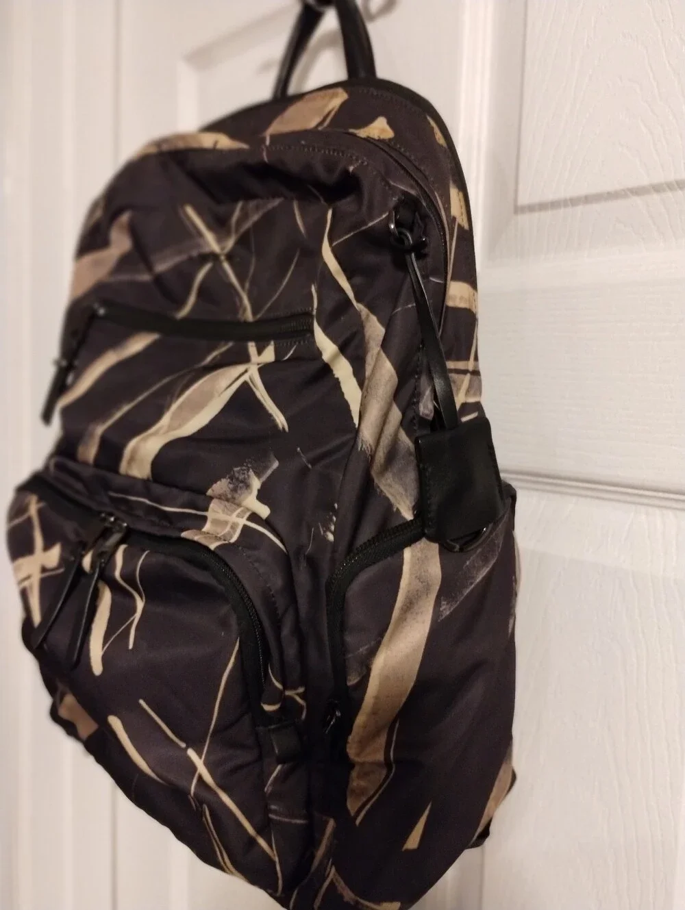 TUMI Printed Nylon Backpack Purple Beige Abstract Multi-Pocket Travel Bag
